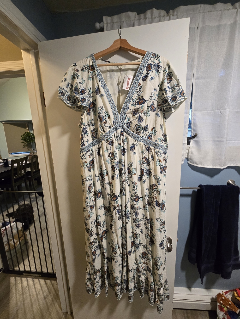 Max Studio Cream Midi Dress with Blue Floral Print